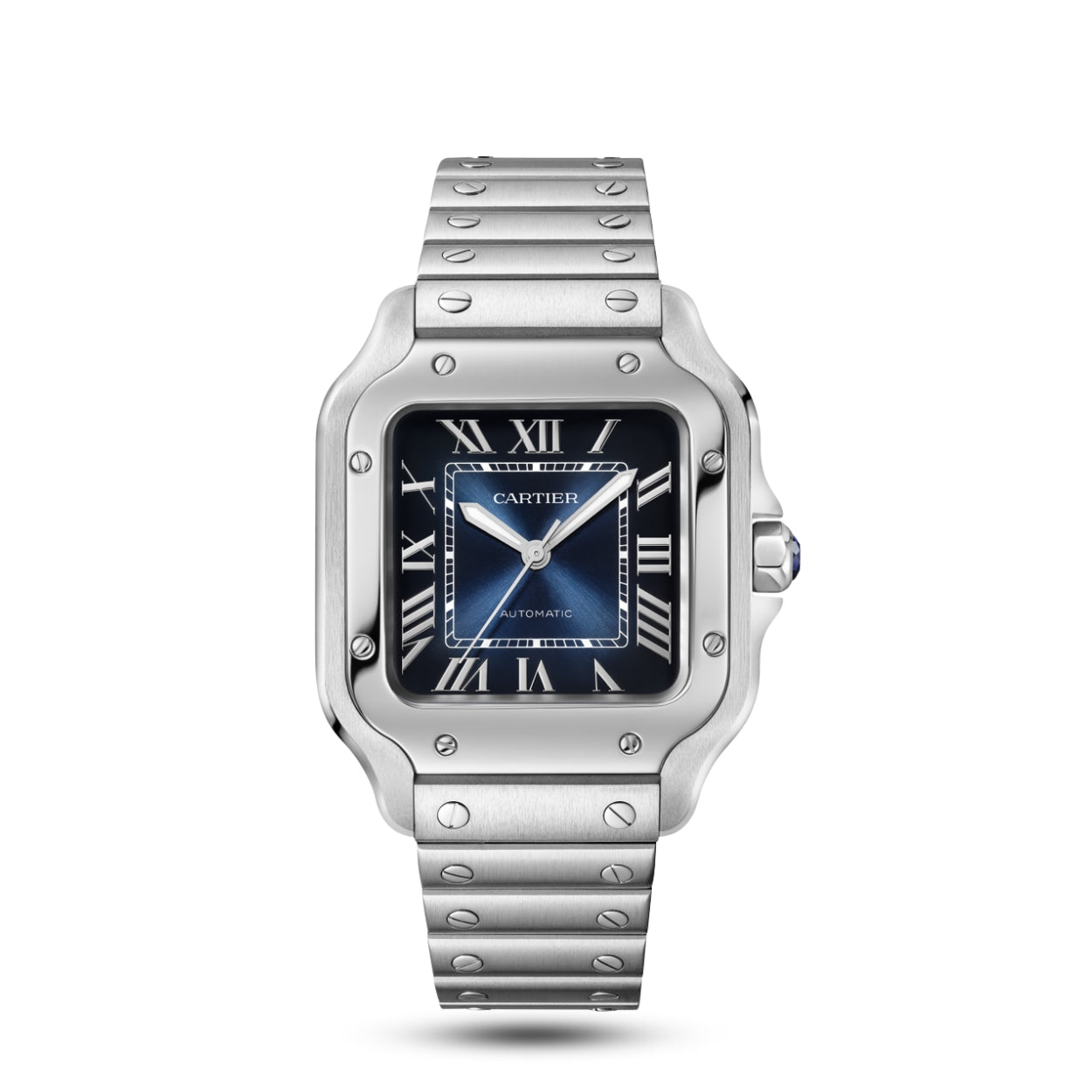 Cartier Santos Blue Dial Automatic Luxury Steel Men's Watch Elegant Design